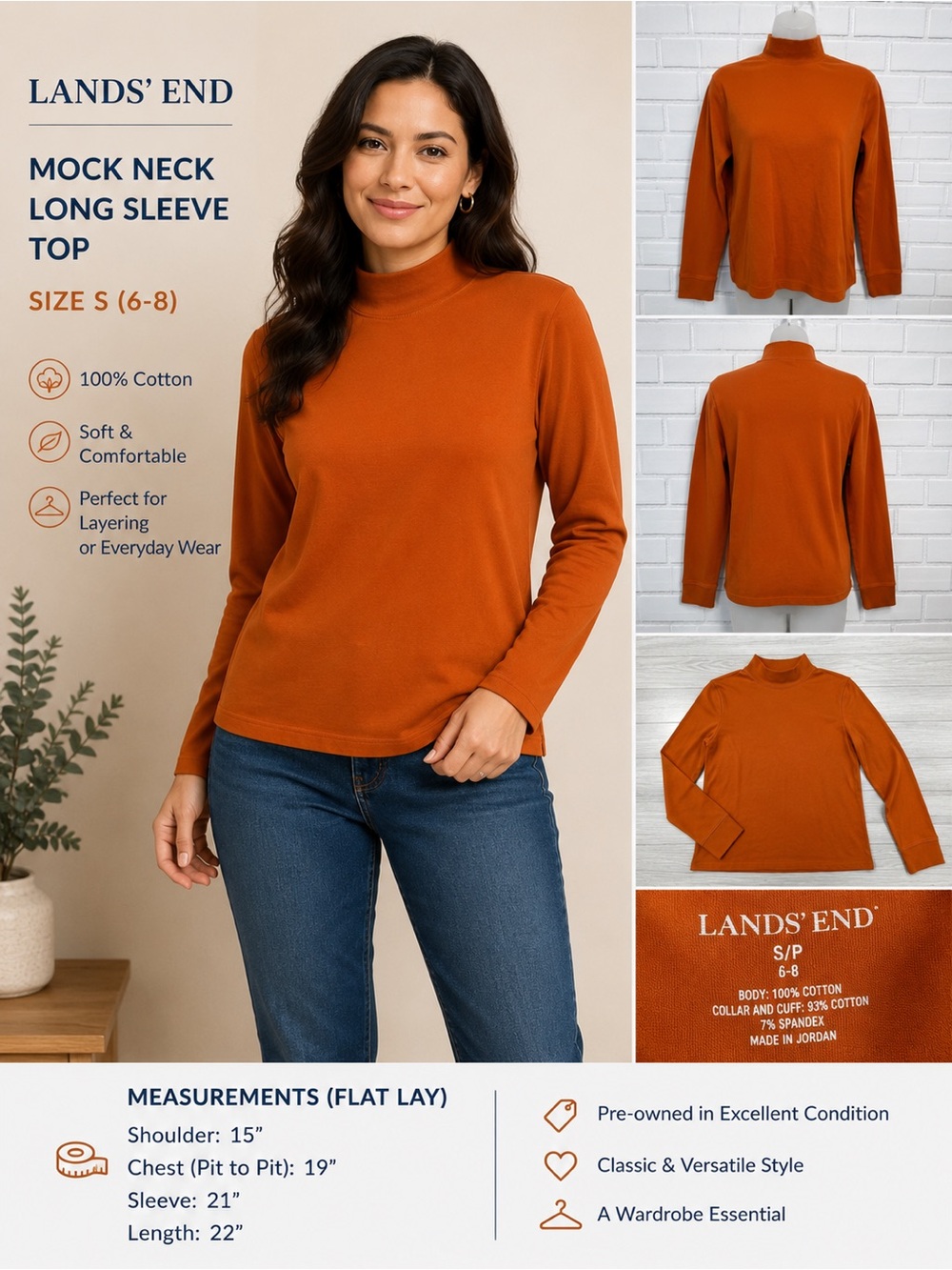 Lands’ End Orange Mock Neck Long Sleeve Cotton Top casual comfort  SP/ 6-8